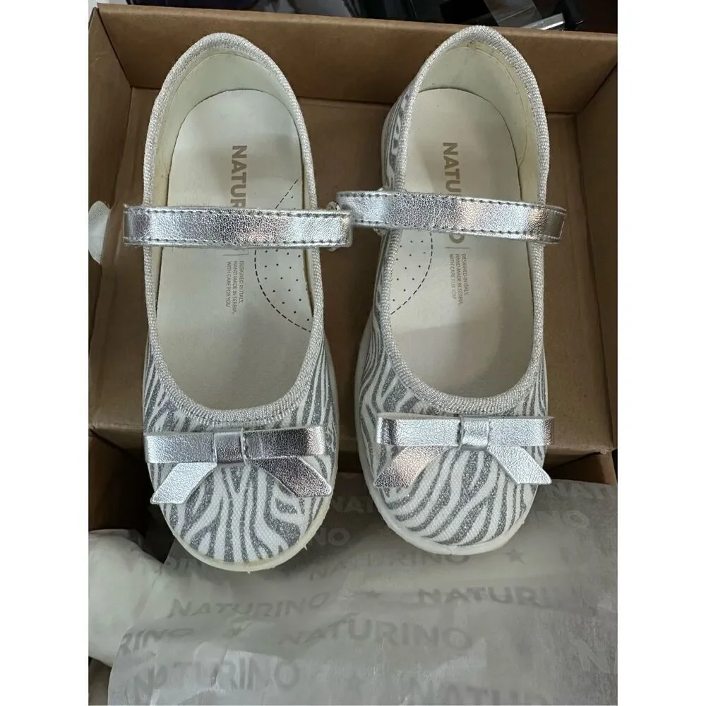 NATURINO CLARIES Zebra-print fabric ballet flats, White